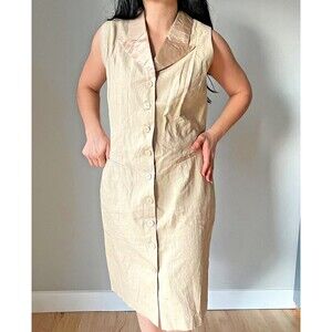 Vtg 90s Womens beige Linen tuxedo Suit shirt Dress Old‎ Money Secretary size 14